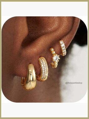 4 Pair 14K Gold Plated Hoop Earrings Set Stackable Chunky Huggie Earrings